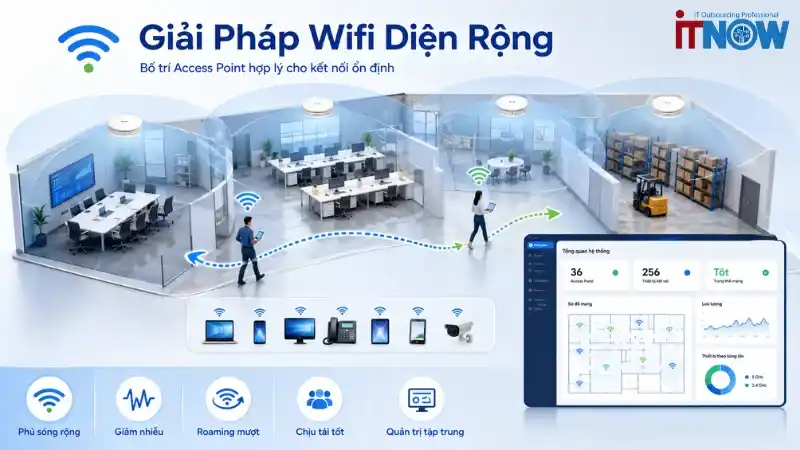 Giải pháp WiFi diện rộng với nhiều Access Point giúp phủ sóng ổn định, roaming mượt và quản lý tập trung