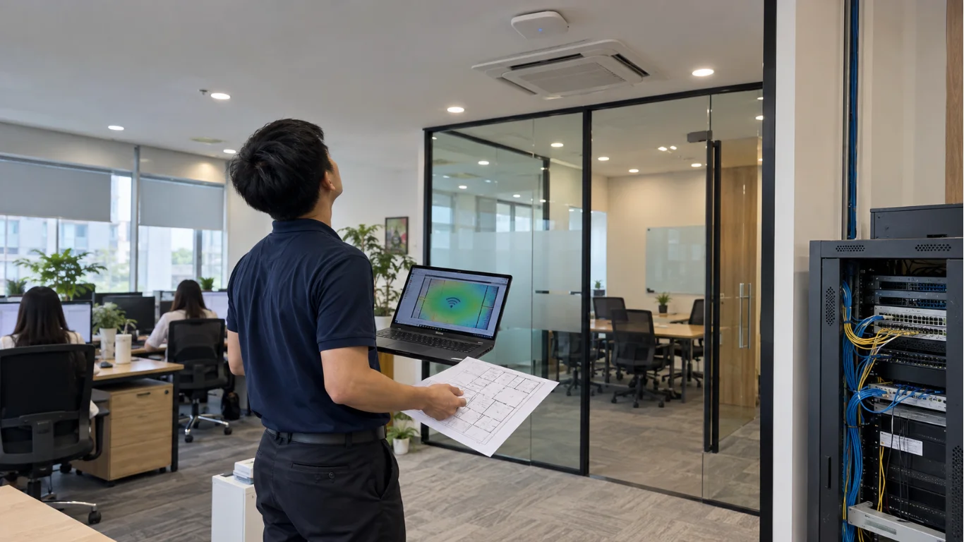 Nhân viên tại IT NOW đang Thi Công Giải Pháp Wifi 