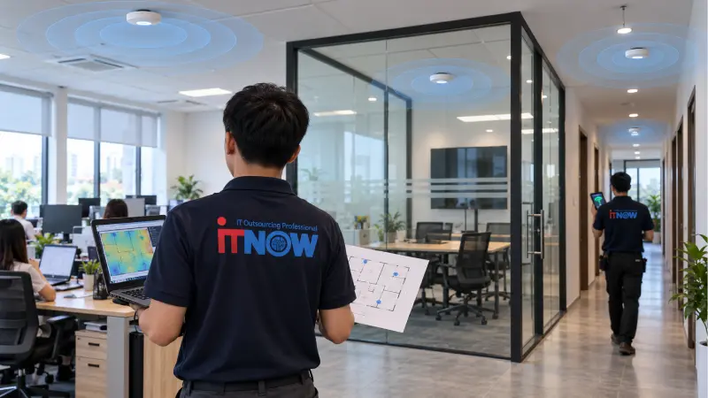 Nhân viên IT NOW khảo sát hệ thống Wifi tại một doanh nghiệp