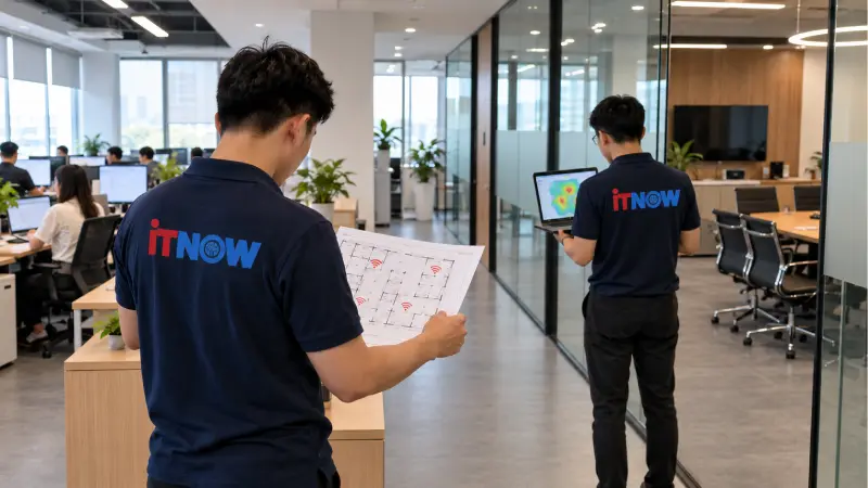 Top 10 tiêu chí đánh giá chất lượng dịch vụ thi công giải pháp Wifi 2 Nhân viên IT NOW Khảo sát, tính số AP và thiết kế vùng phủ