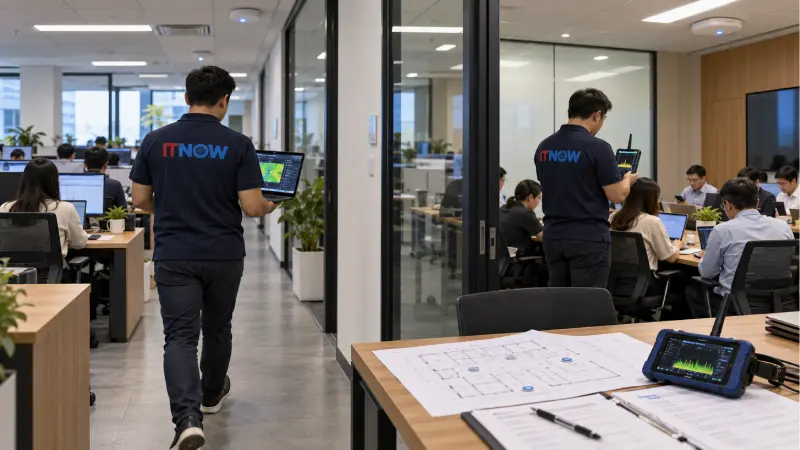 Top 10 tiêu chí đánh giá chất lượng dịch vụ thi công giải pháp Wifi 4 Kỹ thuật viên tại IT NOW đang nghiệm thu sau khi thực hiện