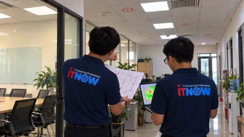 Vì sao doanh nghiệp nên chọn dịch vụ thi công giải pháp Wifi tại IT NOW? 2 IT NOW khảo sát trước khi chốt số lượng và vị trí Access Point